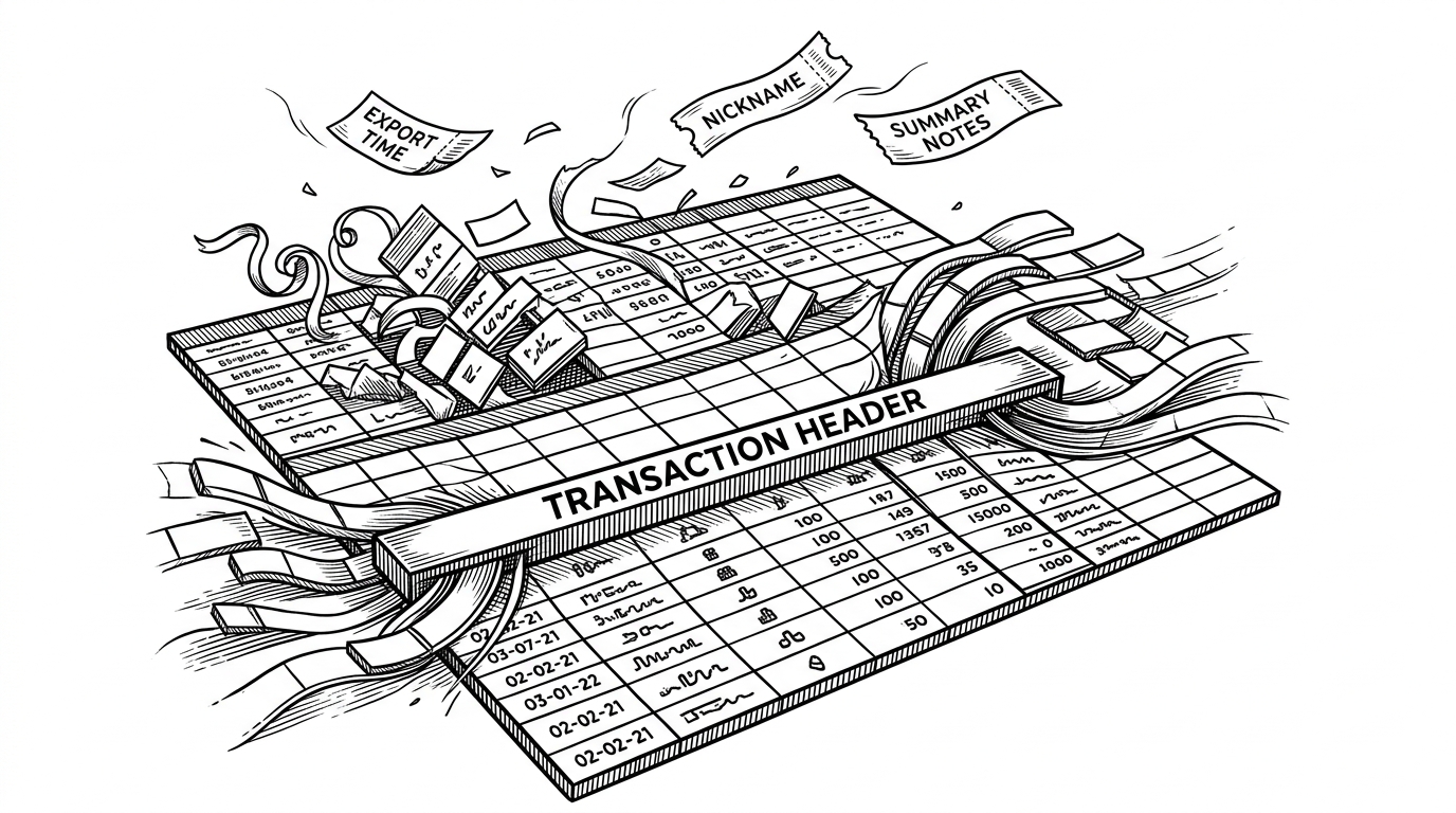 A close editorial scene shows a spreadsheet grid with noise rows, metadata fragments, and a visible transaction header being sorted into place. The image explains that the application does not start with clean data. It has to discover where the real table begins before analysis can happen.