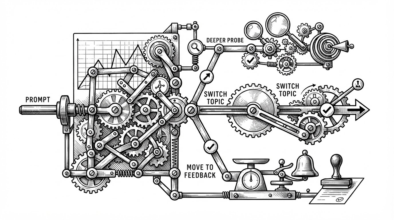 A close-up branching mechanism shows one interview prompt entering a graph machine and splitting into different paths such as deeper probing, topic switching, and feedback. The image explains that the interview is stateful and responsive, not a single unbroken chat thread.