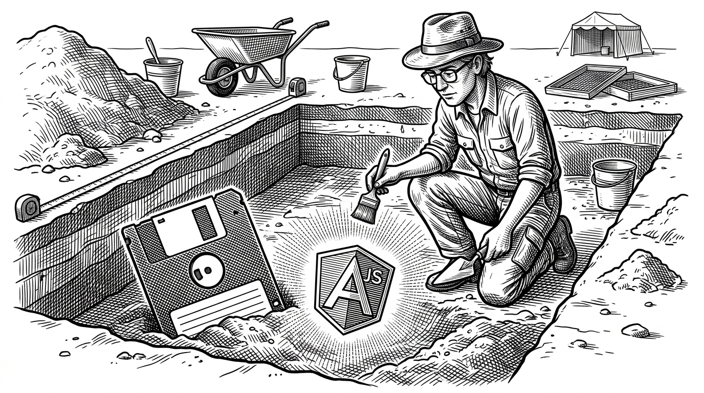 An archaeological dig site revealing a perfectly preserved 3.5-inch floppy disk and a glowing AngularJS logo in the dirt. This illustrates the concept of uncovering legacy web architecture.