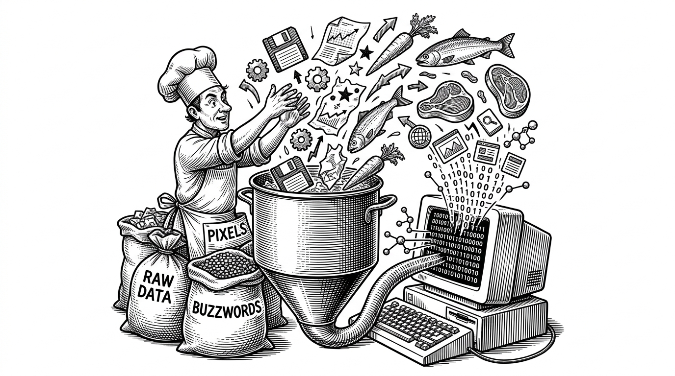 A chef throwing random ingredients into a large cooking pot that acts as a funnel leading directly into a computer terminal. This represents the 'OR' search logic feeding raw data into the system.