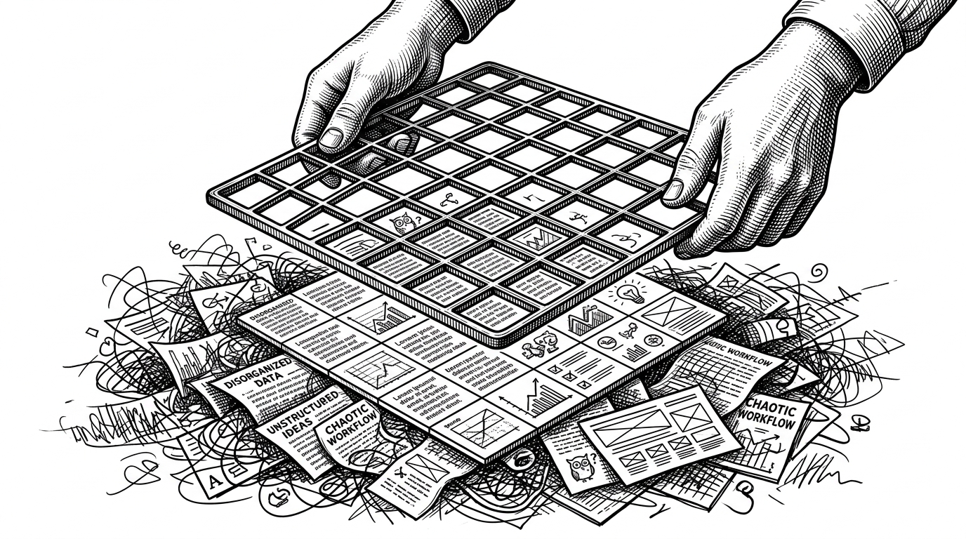 A heavy metal grid dropping onto a messy pile of text and images, organizing them into neat columns.
