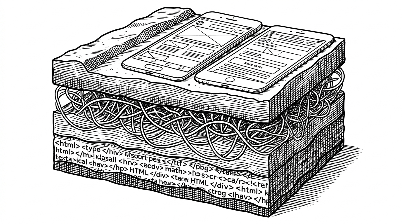 A cross-section of a cliffside showing strata of web development code, from simple tags at the bottom to a polished mobile UI at the top.
