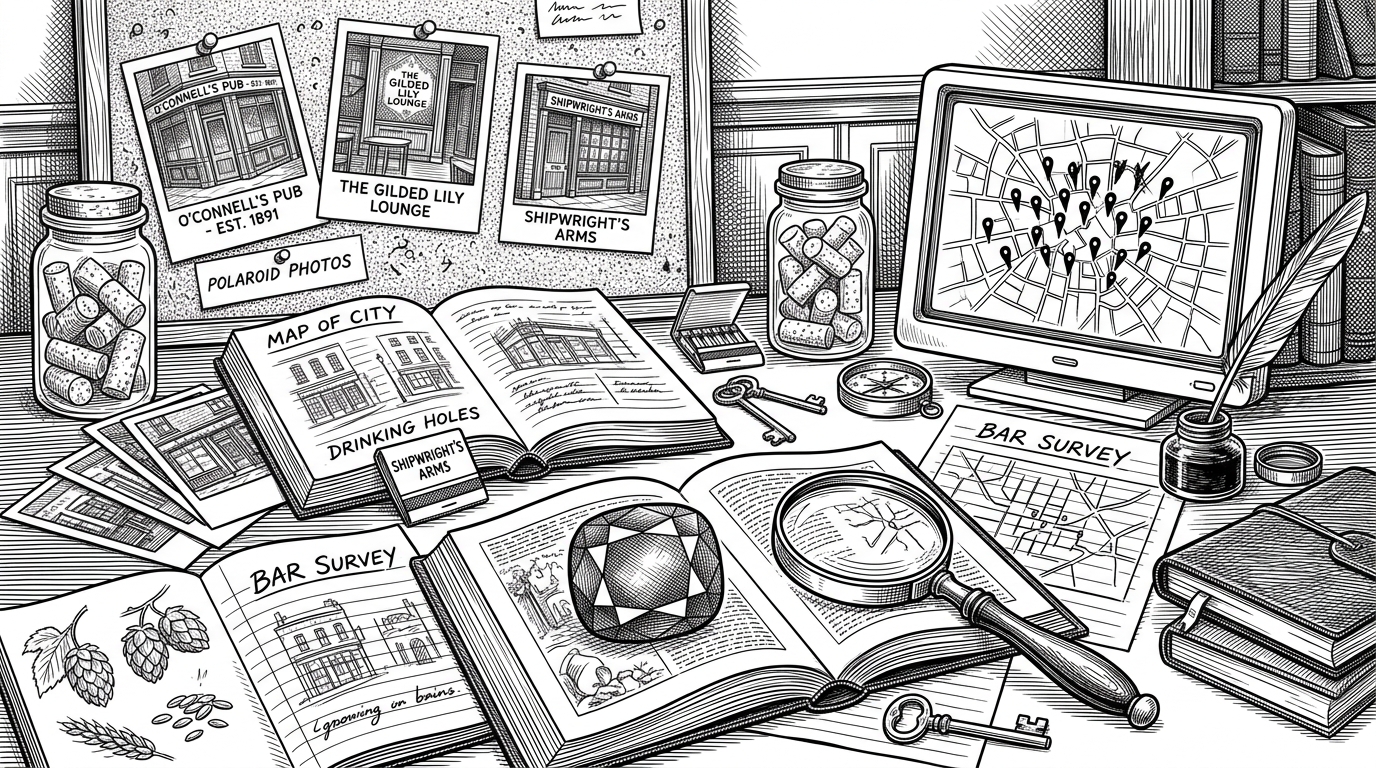 An editorial illustration of a naturalist's desk featuring Polaroid photos, a ruby, and a digital map, representing the digital archaeology of a Rails application.