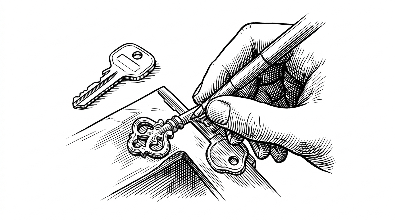 An editorial illustration of a hand carving a custom key while a standard key lies unused, symbolizing the choice to build custom authentication.