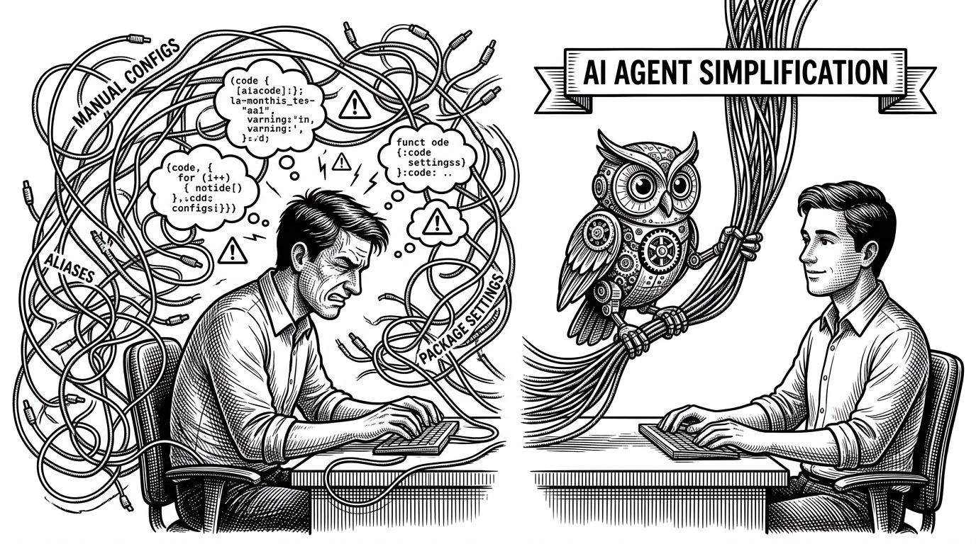 Side-by-side comparison: a developer surrounded by tangled wires representing manual configs on the left, and a developer sitting calmly while a mechanical owl holds all the wires on the right.