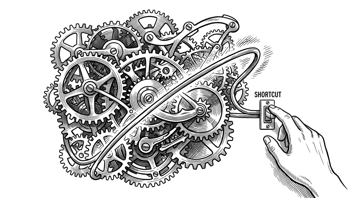A vintage clockwork mechanism where most complex gears are bypassed by a single glowing ink wire, activated by a hand flipping a switch.