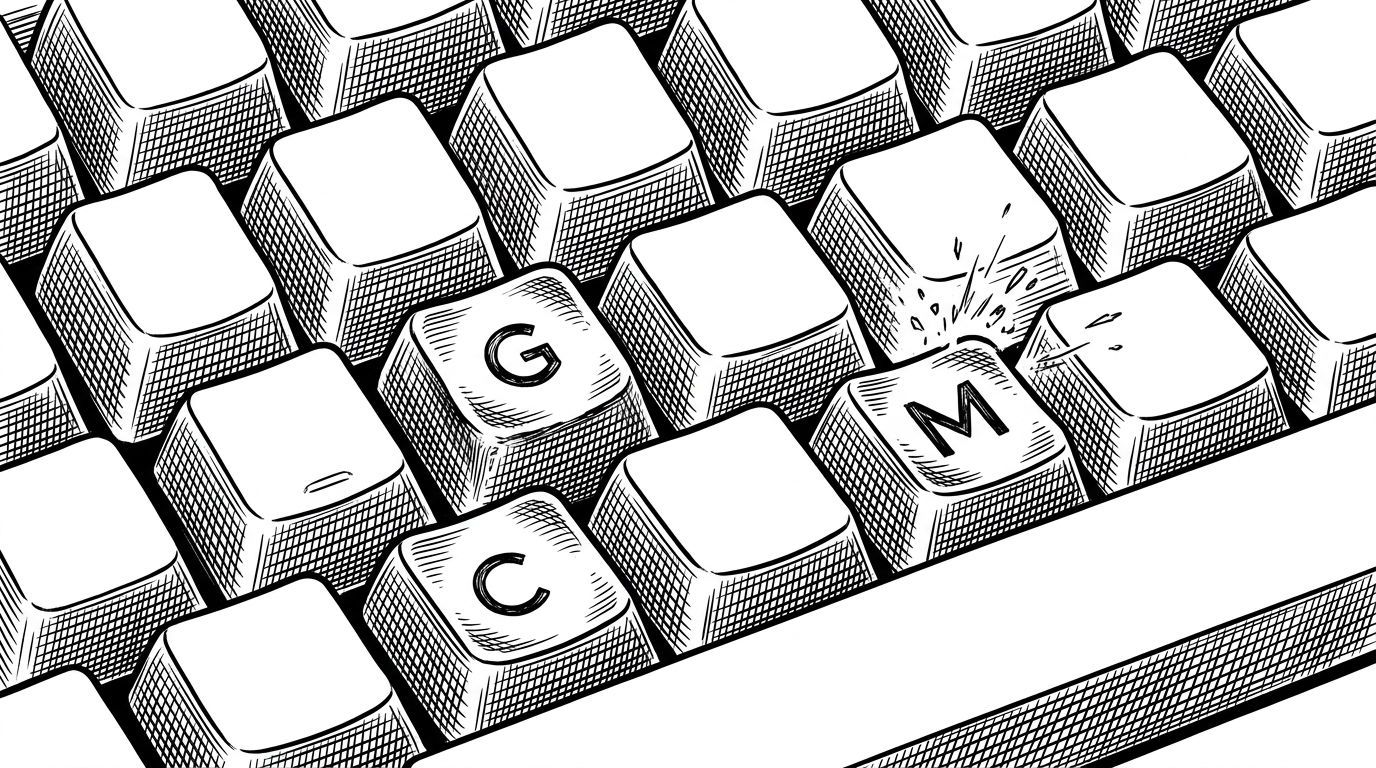 A macro view of a mechanical keyboard where the 'G', 'C', and 'M' keys are worn down to the bare metal.