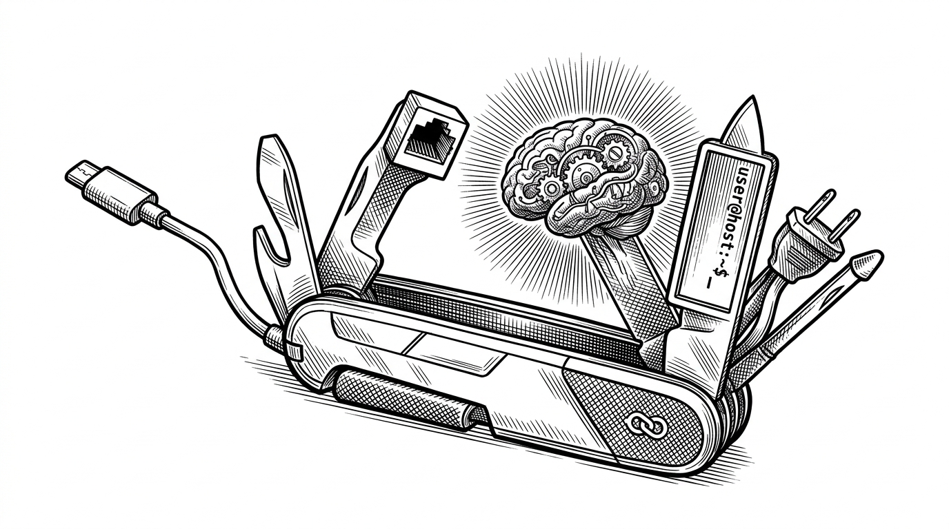 A multi-tool pocket knife with tech connectors instead of blades, symbolizing a versatile, provider-agnostic terminal agent.
