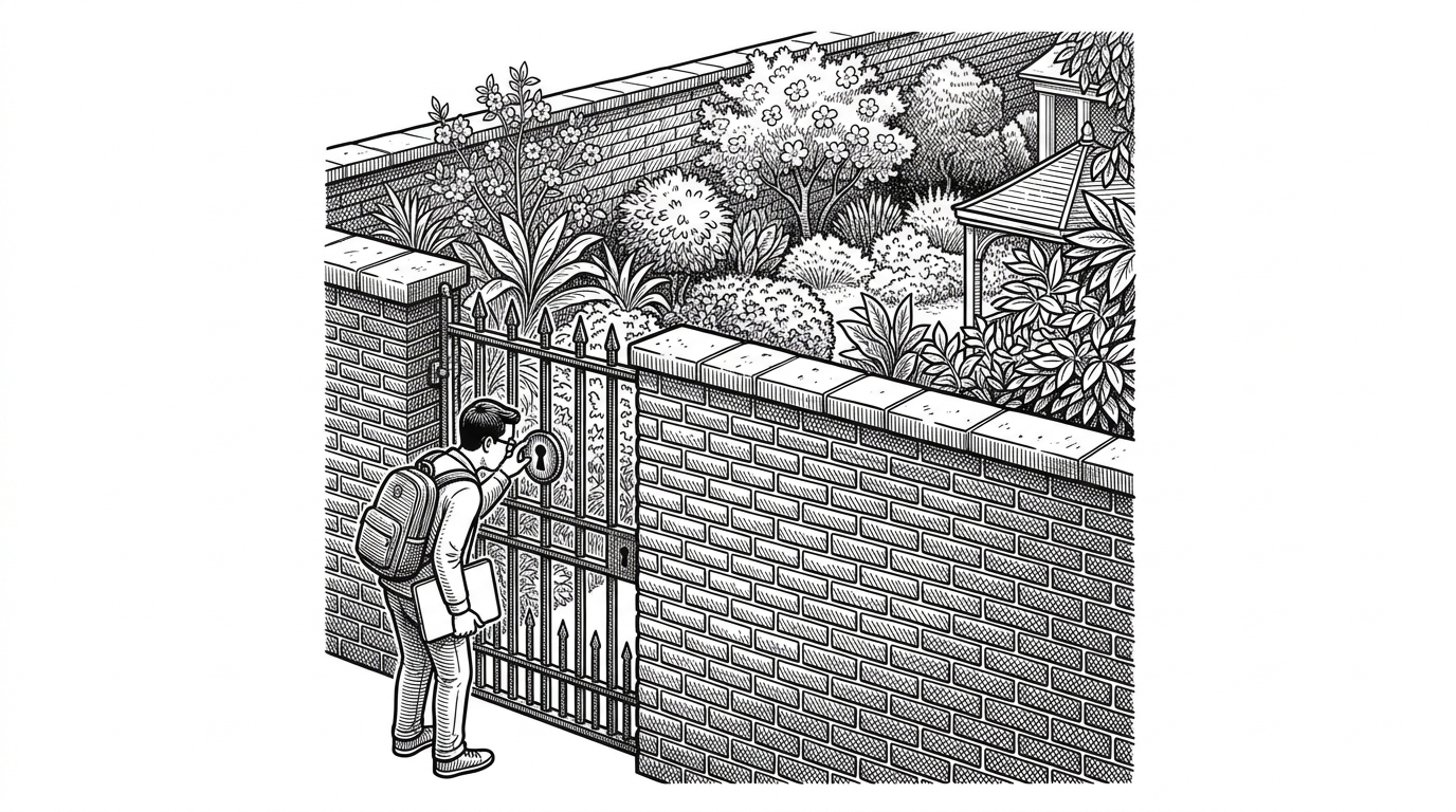 A developer looking through a keyhole into a walled garden, representing the restrictive nature of single-provider AI tools.