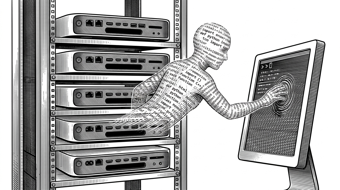 A row of identical Mac Minis on a server rack, with a translucent human figure made of code emerging from one.