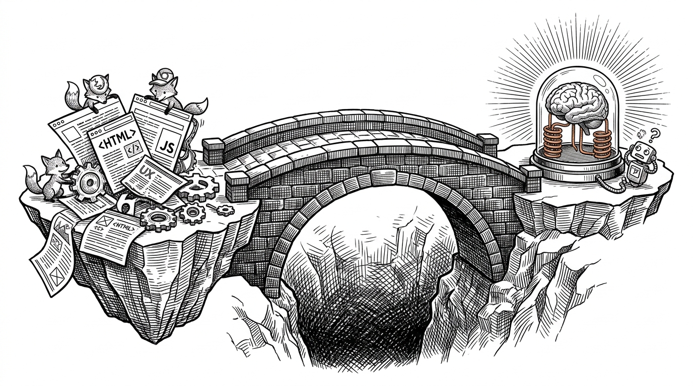 An illustration of a stone bridge connecting a floating island representing a webpage to another representing an AI brain, bypassing a dark abyss below.
