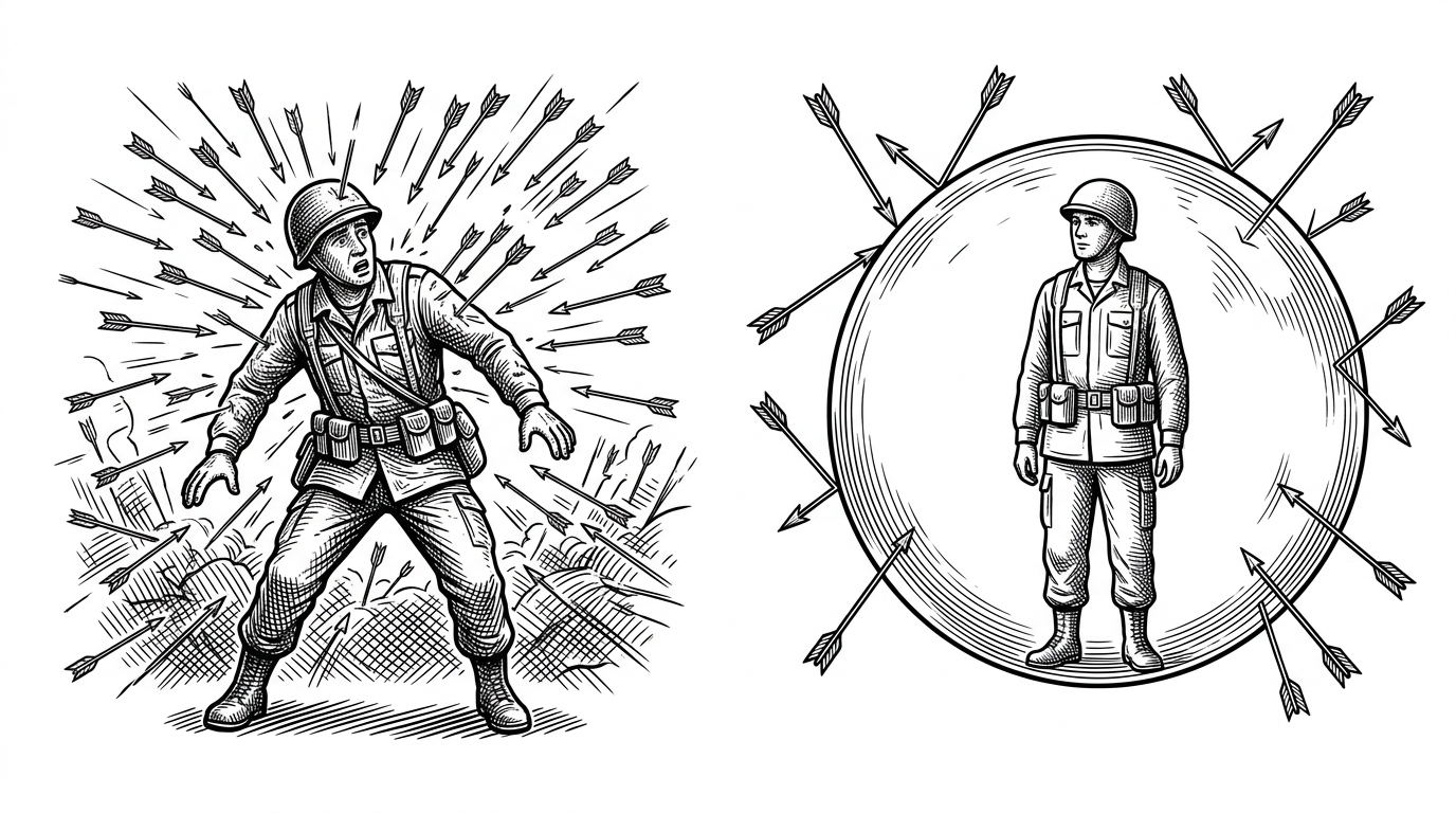 An illustration split in two halves. Left: a soldier deflecting chaotic arrows. Right: a soldier standing peacefully inside a glass dome while arrows bounce off.