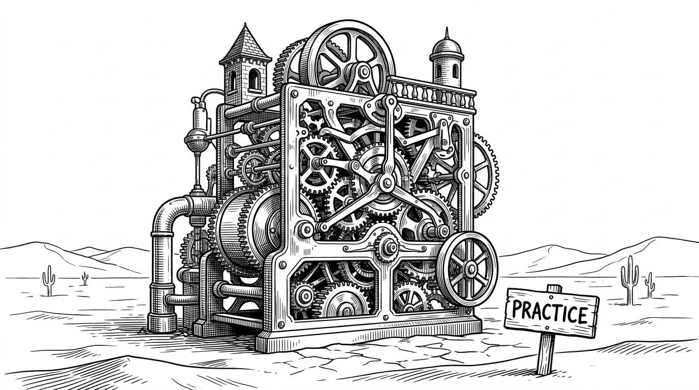 A massive Victorian-style clockwork machine sits perfectly polished but disconnected in a vast desert, with a small sign reading 'Practice' next to it. This illustrates the concept of a massive framework generated solely for practice purposes.