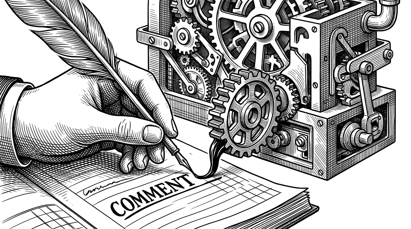 A close-up of a hand writing a comment in a ledger with a quill. As the ink hits the paper, it transforms into a physical gear slotting into a machine, illustrating how code comments functioned as build instructions in the Asset Pipeline.