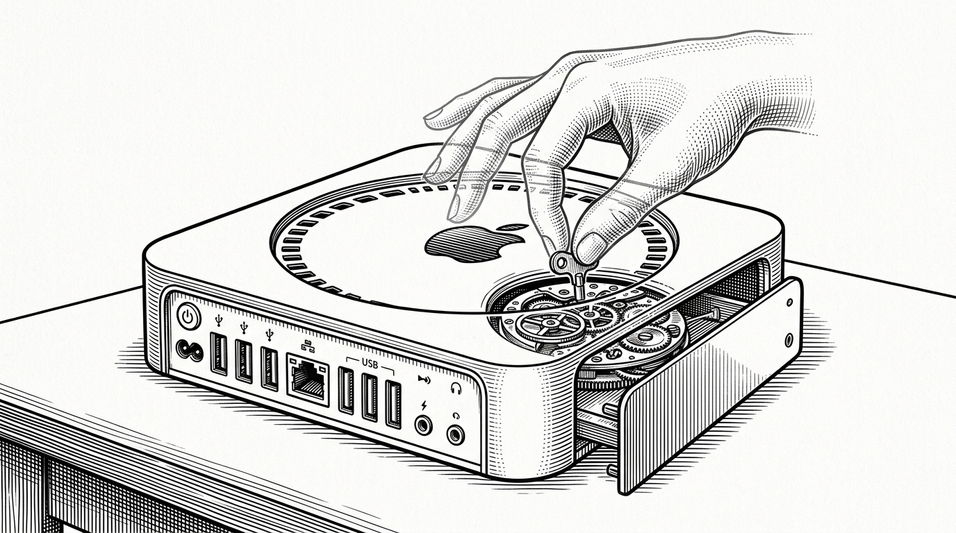 A vintage Mac mini with a translucent ghost hand emerging from the vents to adjust a physical clockwork mechanism, representing a local resident AI.