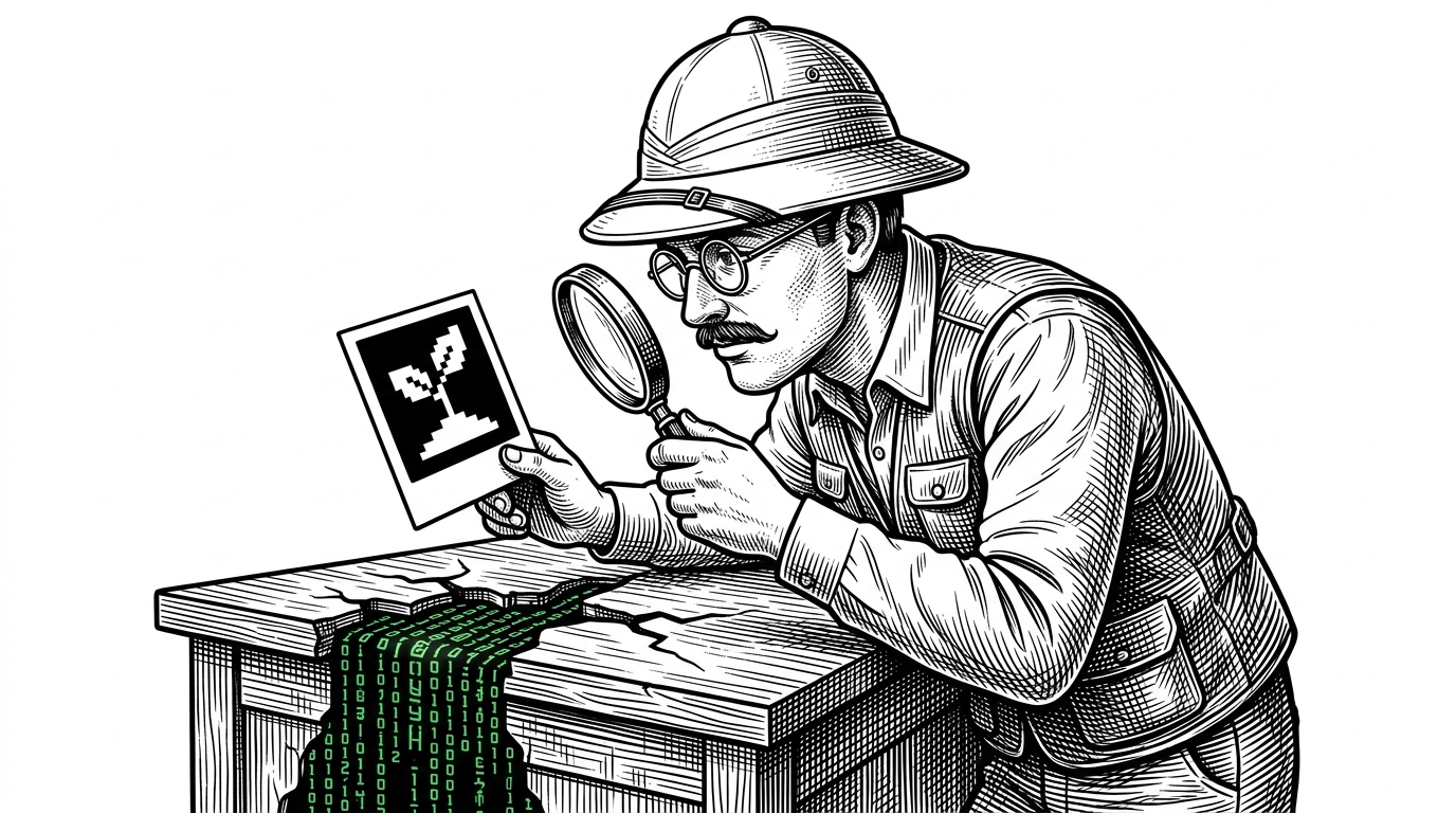 An archaeologist with a magnifying glass examining a glowing Polaroid picture on a wooden desk that is cracking to reveal digital code underneath.