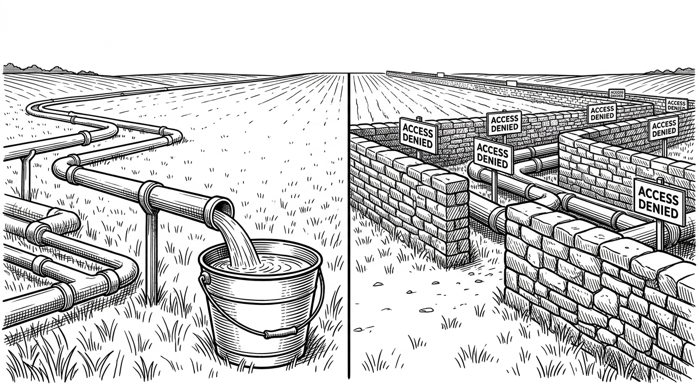 Two contrasting scenes: on the left, open pipes flow freely into a bucket. On the right, the pipes are locked behind a high stone wall with an access denied sign.