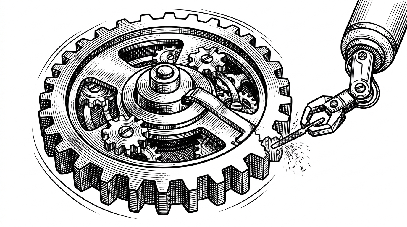 A large, complex clockwork gear with a small robotic arm attached to its rim, actively filing down a jagged tooth while the gear spins. This represents the autonomous, self-healing nature of Project 03's execution loop.