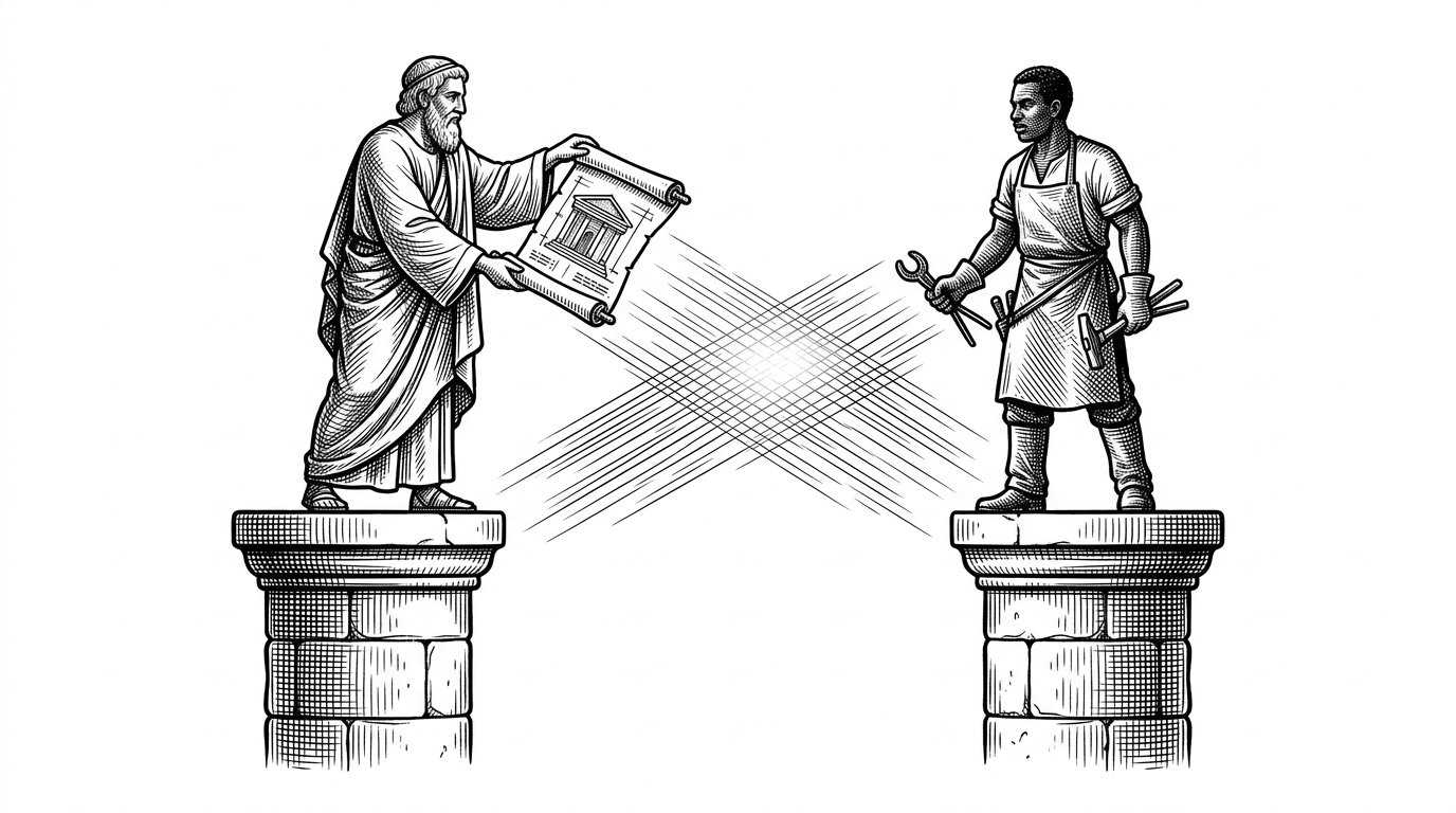 Two distinct stone pillars. On one, a robed Philosopher hands a scroll to a Blacksmith on the other pillar. A bridge of light connects the two, representing the handoff between high-level reasoning models and low-level coding models.
