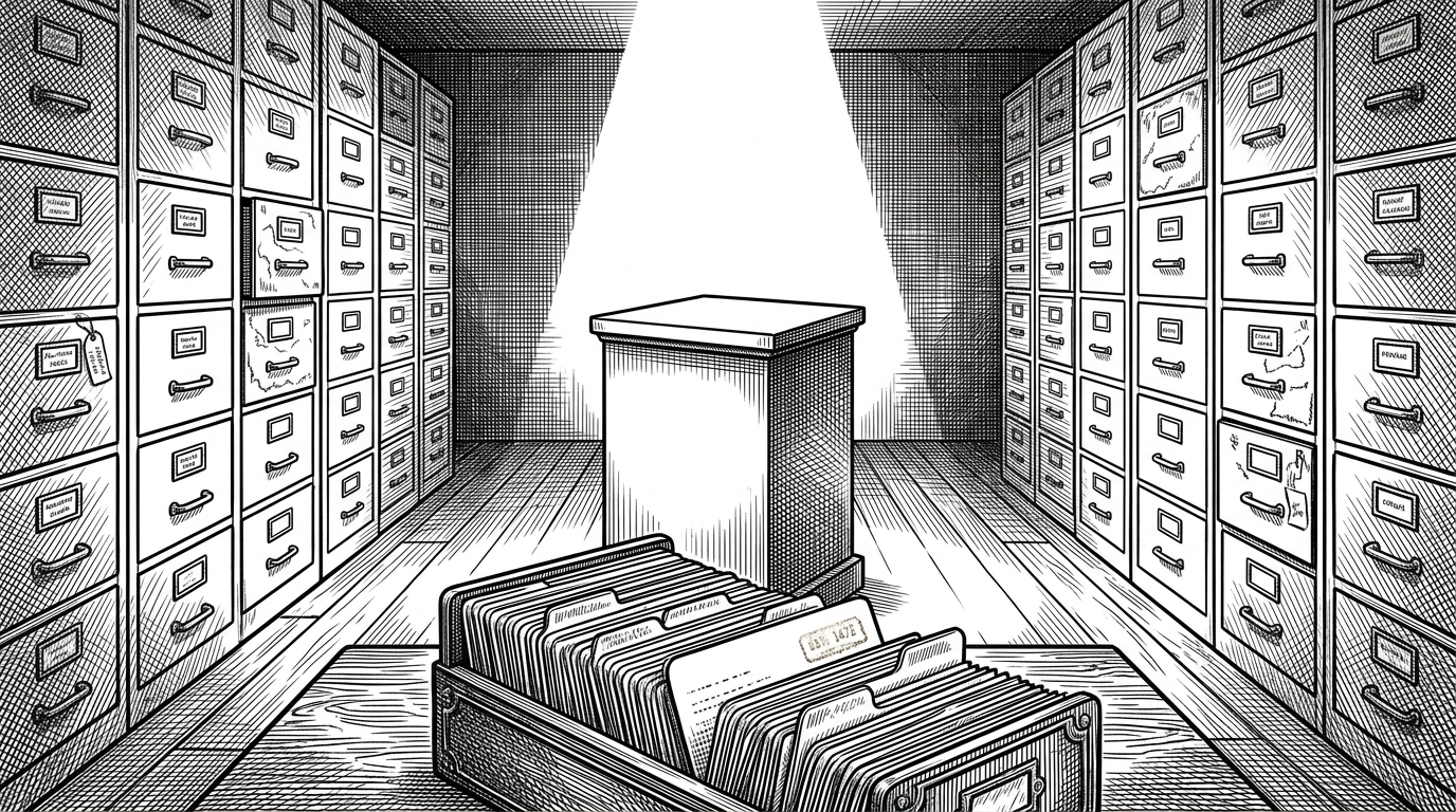 A museum-like archive room with a single empty pedestal under a beam of light, surrounded by drawers and catalog tools. The scene turns a missing codebase into a preserved object and frames absence as the subject of the article.