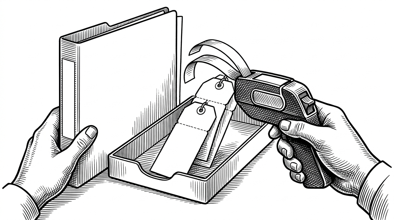 A close-up of a label maker printing blank archival tags beside an empty folder. The image shows how a repository can become known through metadata even when no files exist.