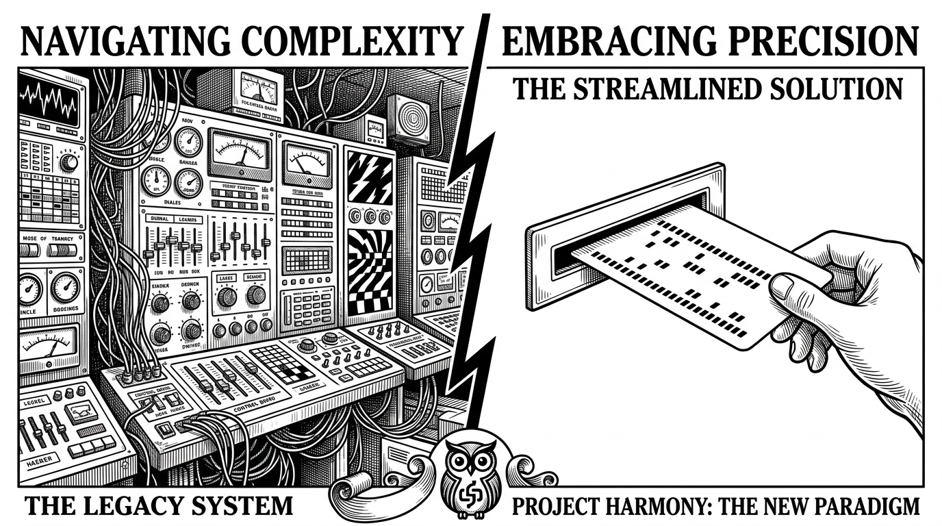 A split composition. The left side depicts a massive, chaotic control board covered in dials, sliders, and flashing screens. The right side depicts a clean slot where a single, perfectly punched card is being inserted. This contrasts the bloated UI of commercial editors with the headless execution of the open-source pipeline.