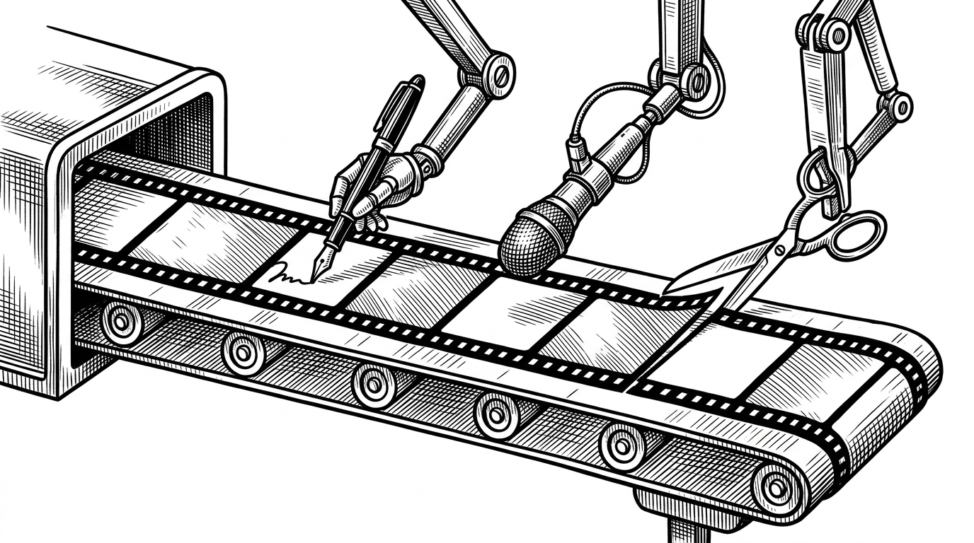 A classic industrial assembly line mechanism processing a continuous strip of celluloid movie film. Mechanical arms hold a fountain pen, a microphone, and scissors over different frames. This represents the automated, multi-modal pipeline replacing human roles in video production.