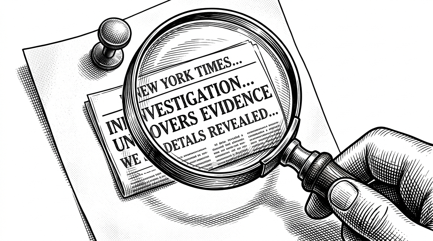 A tight close-up of a magnifying glass focusing on a single, neatly cut newspaper clipping. The clipping is physically pinned down to a larger, blank sheet of paper with a heavy iron thumbtack. This illustrates the system pinning down the LLM with hard facts to prevent hallucination.