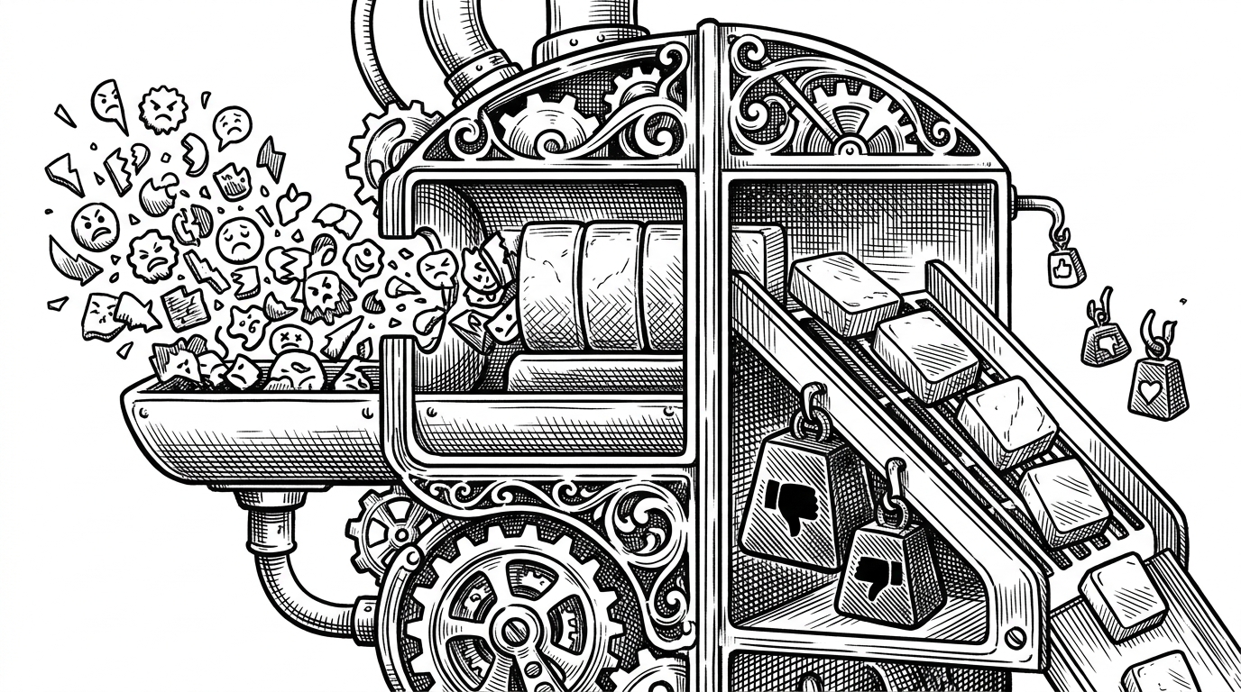 A mechanical translator device breaks a spoken phrase into many small tokens, then compresses them into seven larger vibe tiles before sending them through a weighted filter. The filter shows that some signals are treated as much heavier than others, which explains how language becomes a steerable mood representation.
