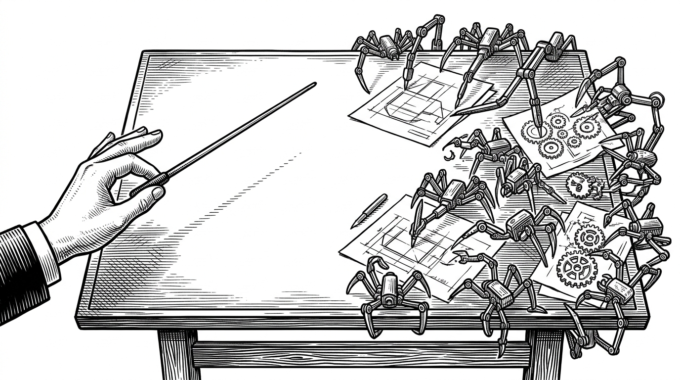 A top-down view of a large drafting table where a human hand conducts dozens of mechanical spider-like arms building blueprints.