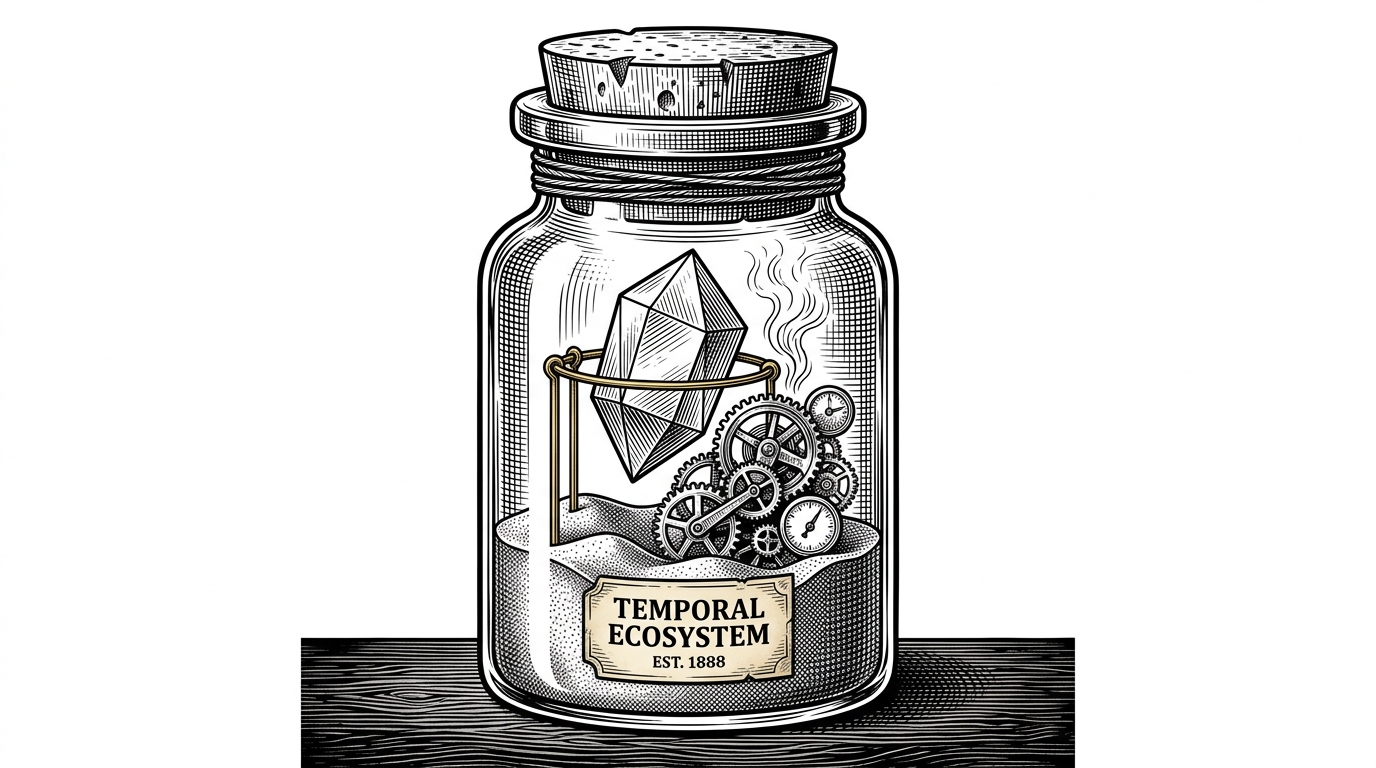 A complex ecosystem inside an antique glass apothecary jar, representing the self-contained .rvf Cognitive Container format.