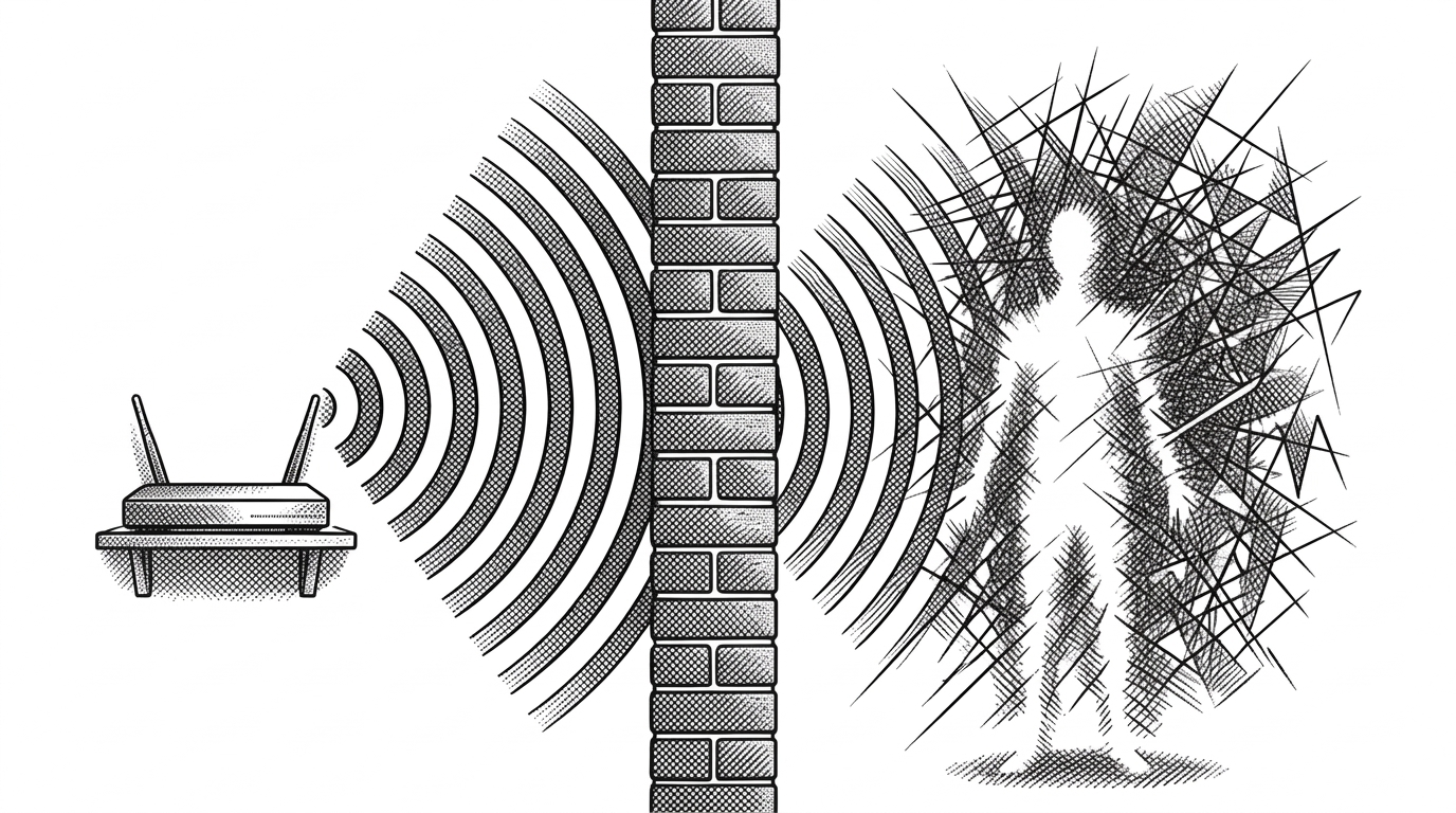 A solid brick wall cleanly bisecting the frame. On the left, a standard wireless router emits precise geometric radio waves. On the right, the waves strike an invisible human figure, scattering into a complex matrix of sharp, fragmented lines.