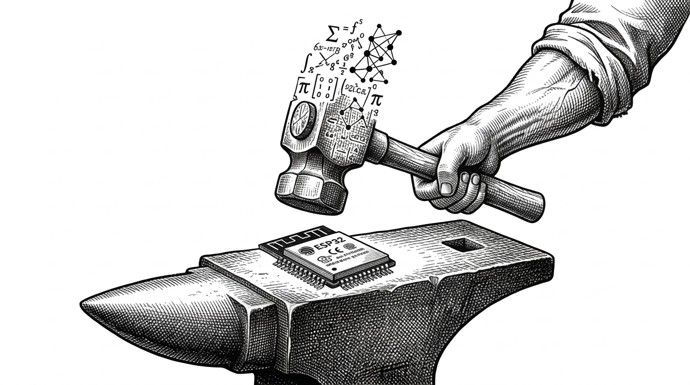 A macro view of a single microchip (ESP32) resting on an anvil. A heavy blacksmith's hammer is poised just above it, but the hammer's head is made entirely of floating, interconnected mathematical symbols and graph nodes.