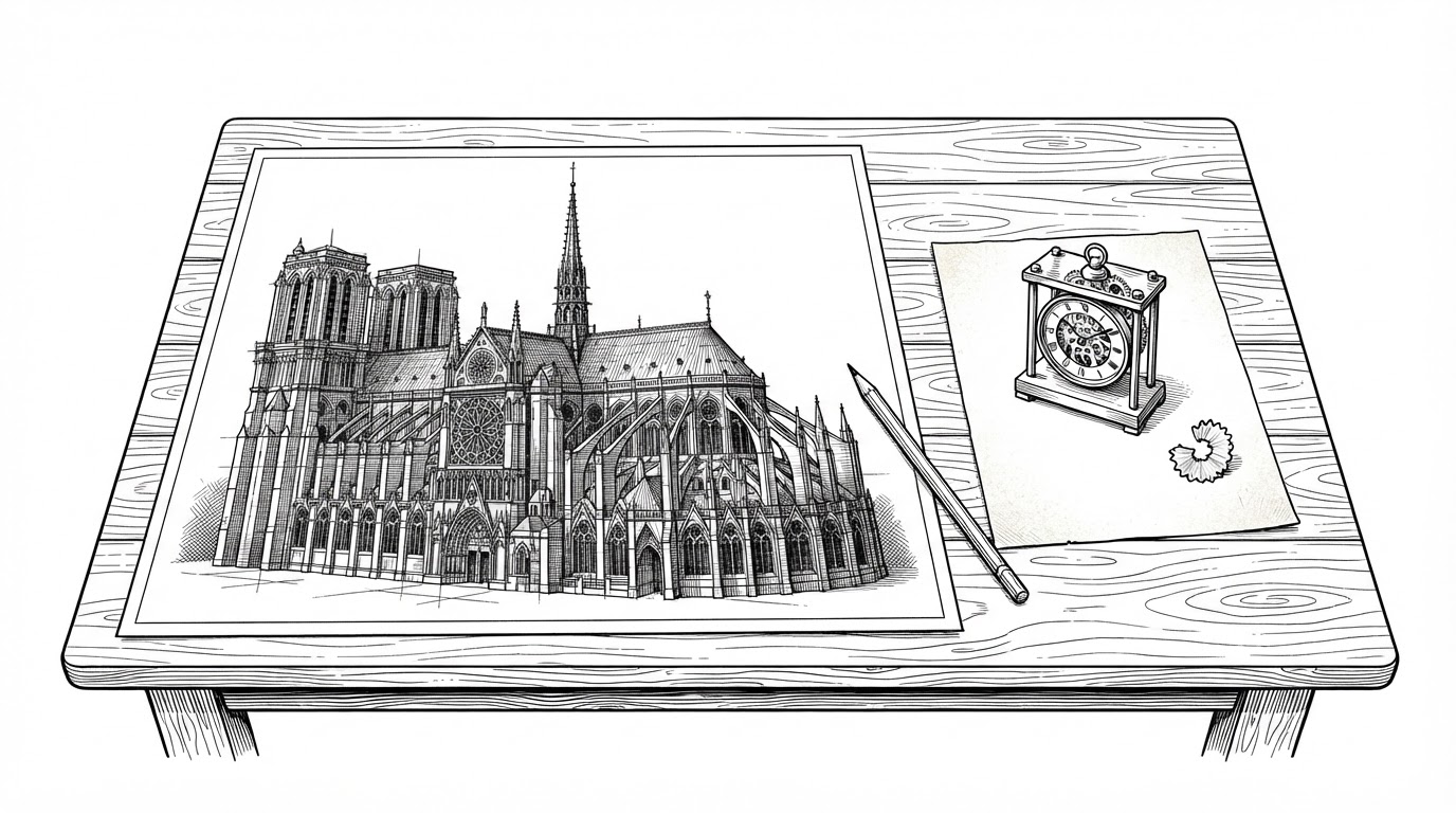 An overhead view of a draftsman's table. On the left, a large architectural blueprint of a cathedral covered in labeled sub-assemblies. On the right, a small ticking clock with visible gears on a much smaller sheet of paper, with a pencil between the two.
