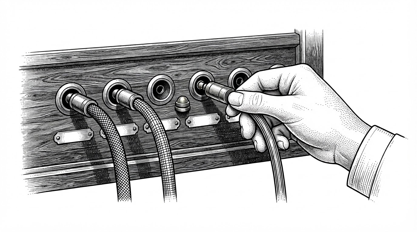A close-up of a hand plugging a brass-jacketed cable into a wooden switchboard with six circular sockets. Two sockets already hold cables drawn with distinct crosshatch patterns, and a dust cap rests beside a third.