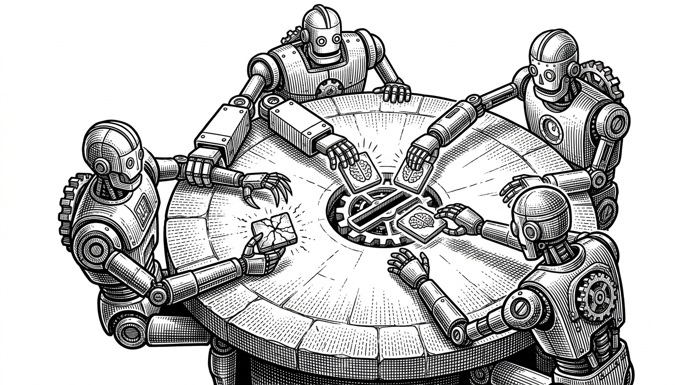 Five mechanical judges sit at a circular stone table, placing identical glowing tiles into a central slot, while one judge is blocked from placing a cracked tile. This represents RuFlo's Raft consensus mechanism rejecting hallucinated outputs.