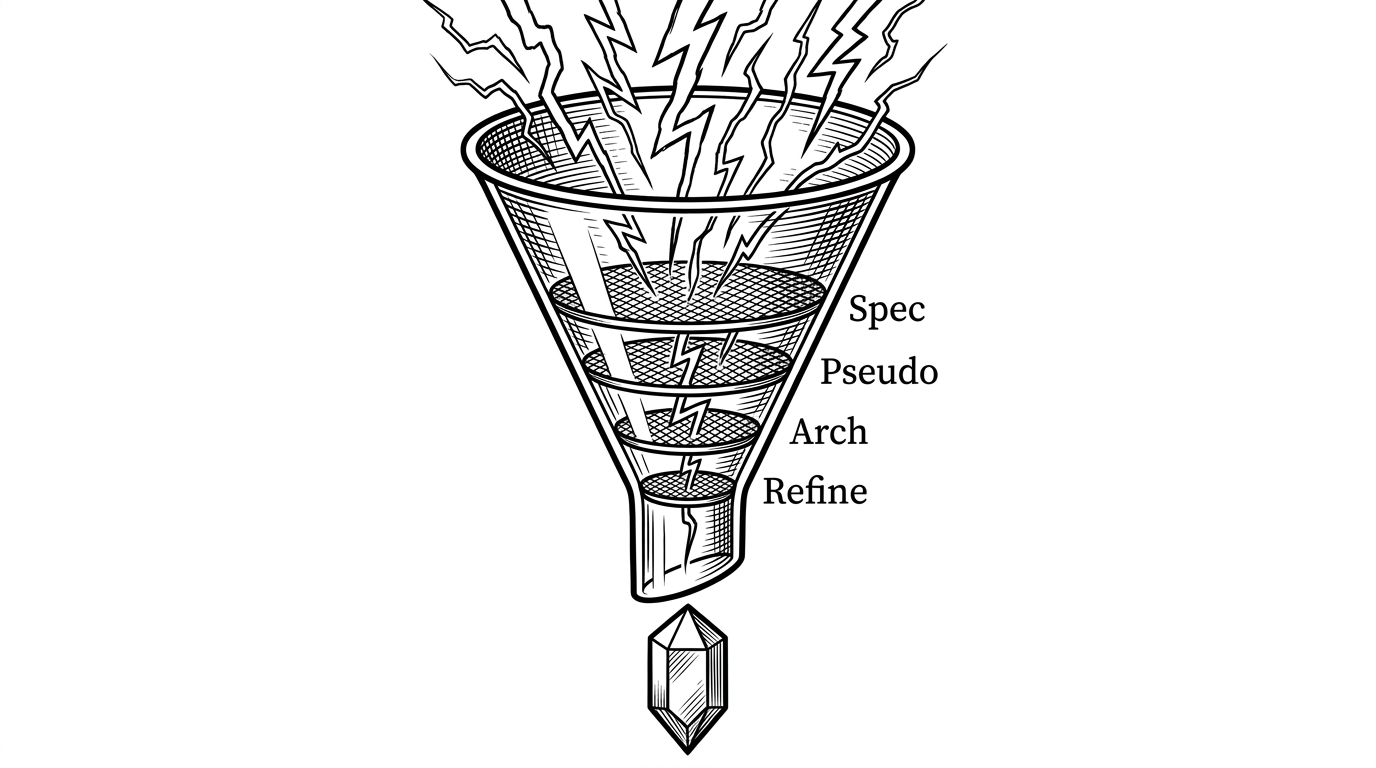 A multi-stage glass funnel where raw lightning enters the top and passes through five distinct glowing mesh layers, emerging at the bottom as a perfectly formed solid crystal. This represents the SPARC methodology enforcing disciplined development phases.