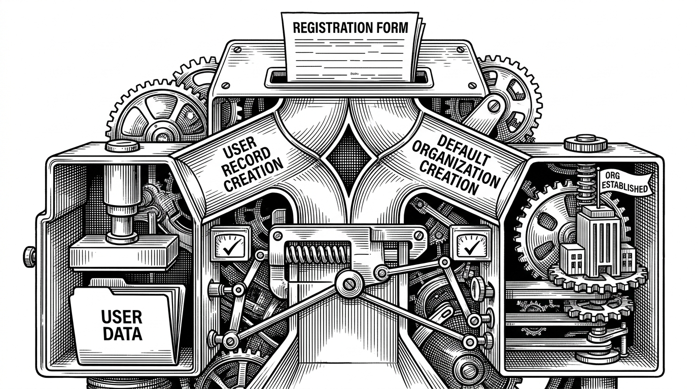 A close-up mechanical assembly shows a signup form feeding two linked chutes. One chute creates a user record, the other creates a default organization, and a steel latch only releases when both finish successfully. If either side fails, the mechanism retracts back into place. The image explains atomic registration as a single, all-or-nothing operation.