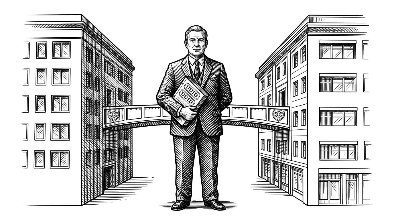 A courthouse-like gatekeeper stands between two office buildings connected by a narrow bridge. A ledger stamped with UUID seals sits in the foreground, and the bridge only opens where the two sides share the same emblem. The image explains that access depends on shared tenant relationships, not just login state.