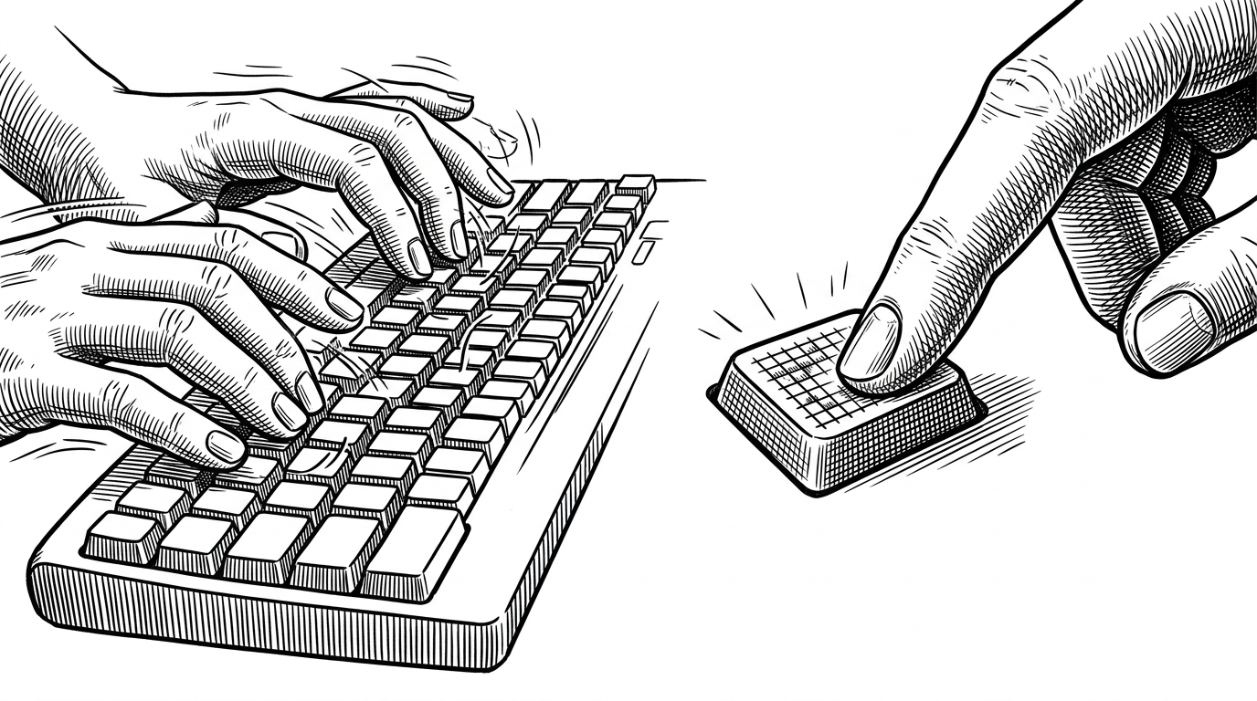 Split screen showing chaotic typing on the left and precise, data-driven key pressing on the right.