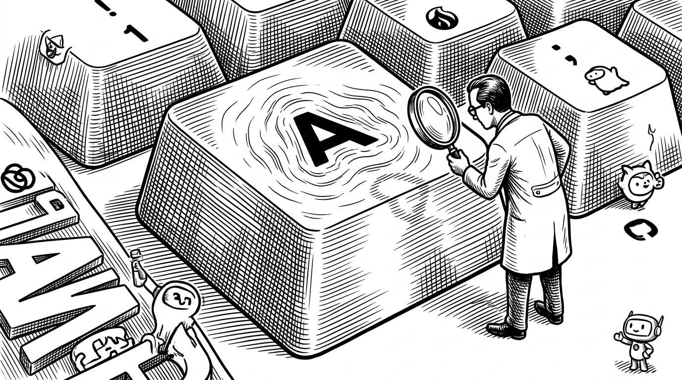 A scientist examines a large mechanical keyboard key with a magnifying glass, with thermal ripples radiating from it.