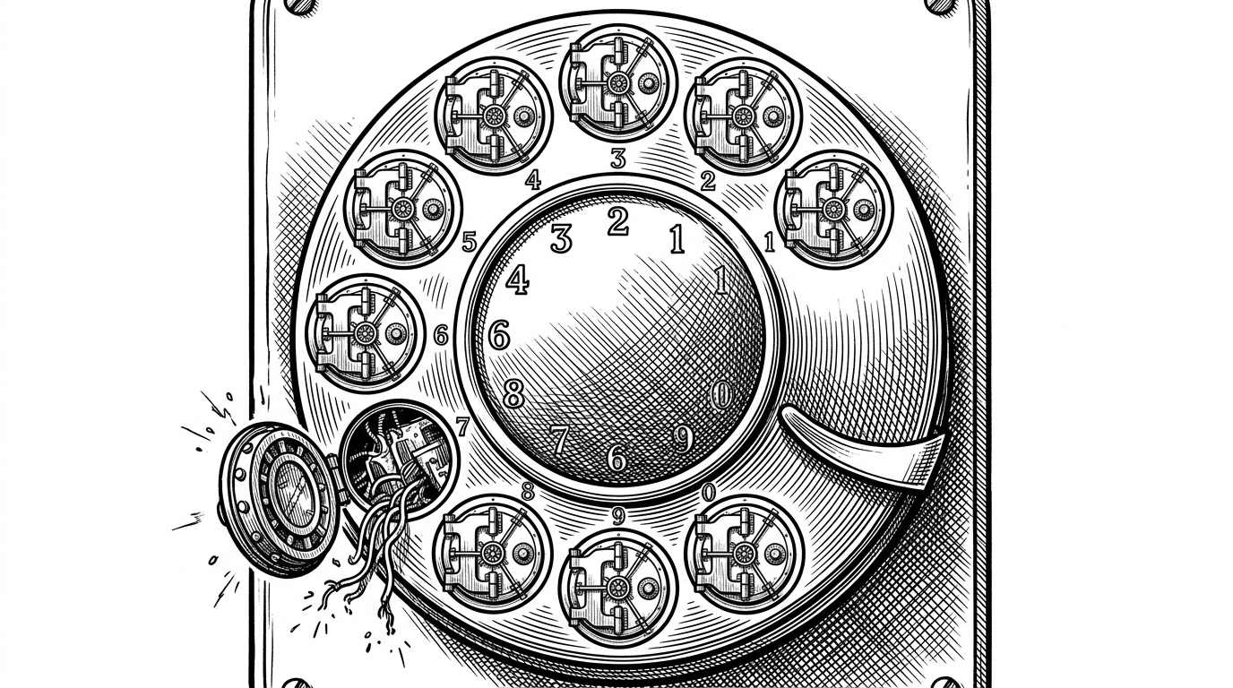 A rotary telephone dial where each finger hole is a heavy steel bank vault door. One door hangs open to reveal sparking wires.