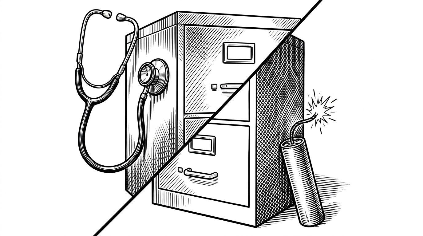 A stethoscope pressed against a filing cabinet on one side, and a lit stick of dynamite at the base of the identical cabinet on the other.