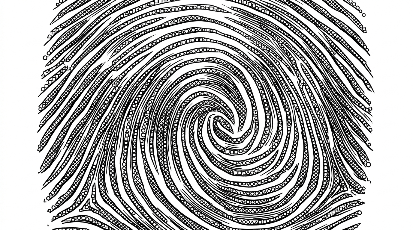 A close-up of a standard ink fingerprint where the ridges and whorls are constructed entirely of tiny geometric shapes resembling website favicons. This illustrates how small, seemingly insignificant image files can be hashed to uniquely identify a server.