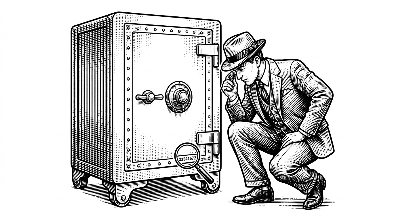 A person in a suit uses a jeweler's loupe to inspect a tiny serial number on the hinge of a heavy iron safe. This illustrates the concept of passive vulnerability checking, where metadata is inspected instead of attacking the system.