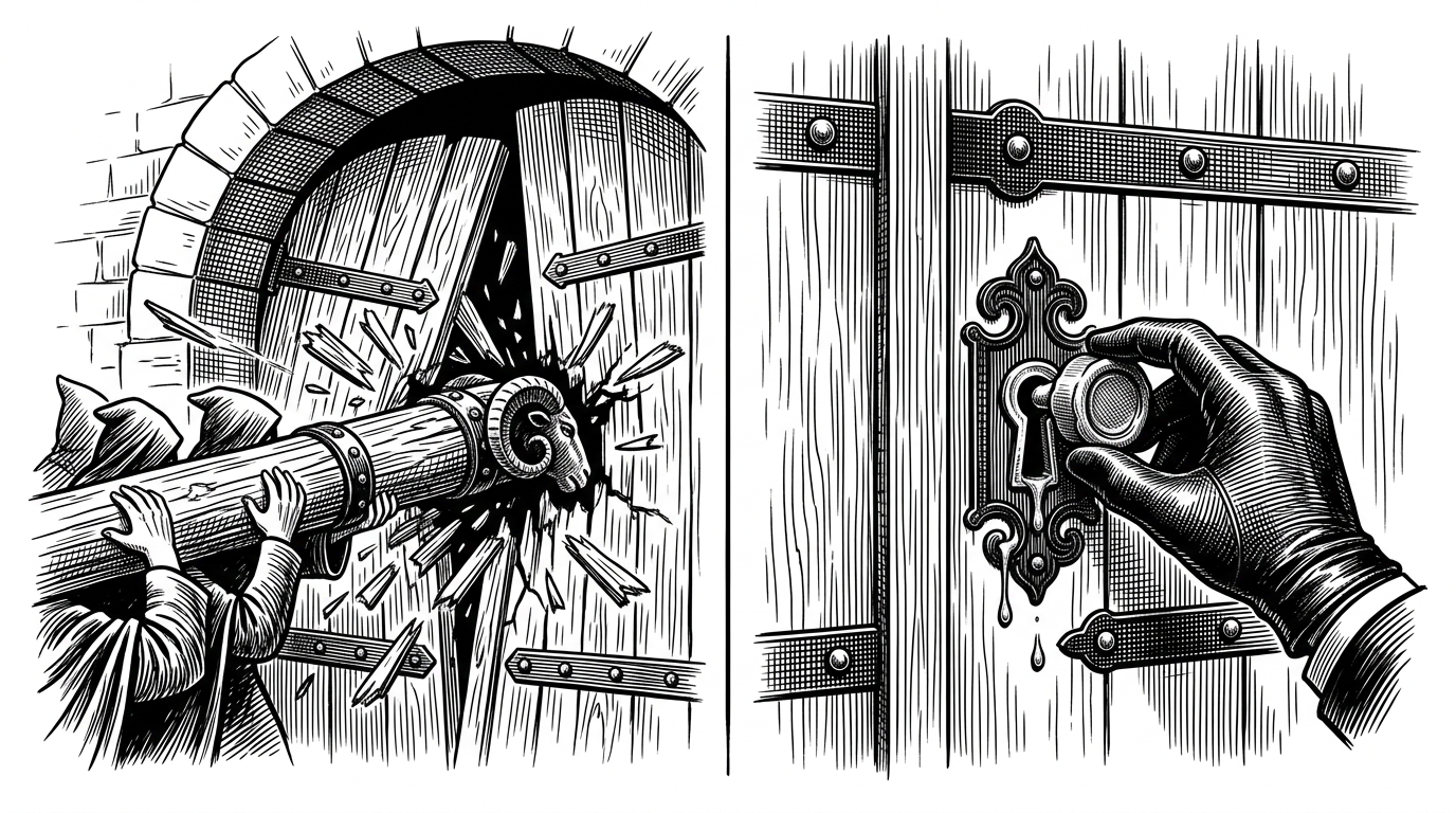 A split scene comparing a battering ram smashing a door to a gloved hand taking a wax impression of a keyhole. This contrasts active, destructive exploit scanning with passive, observational fingerprinting.