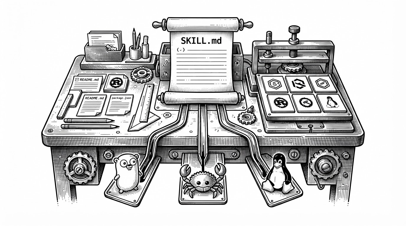 A wide editorial scene shows a markdown scroll feeding a compact logo-making workflow. Local repo files sit on the left as reference cards, while six restrained mascot tiles emerge on the right in a tidy batch. The image explains that the skill turns repository context and design rules into repeatable brand candidates.