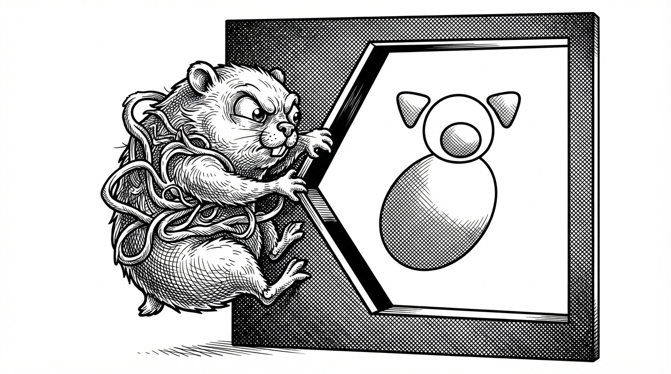 A close-up shows a tangled AI creature being compressed through a design aperture. On the far side it becomes a simplified mascot built from a few rounded shapes and a tight palette, anchored in one lower corner of a square canvas. The image explains how the skill turns noisy output into a legible logo system.