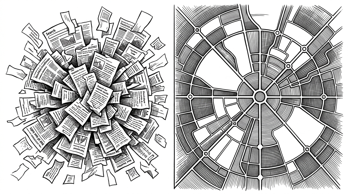 On one side, a tangled stack of search results sits in a heap. On the other, the same information is arranged as a clean map with clustered districts and connecting routes. The contrast explains why topology is more useful than a flat list of snippets for codebase understanding.