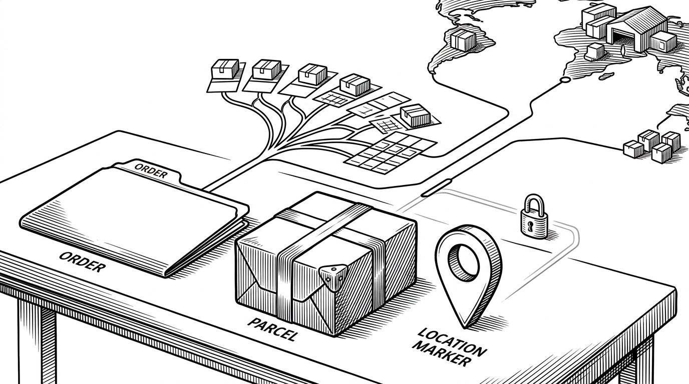 A close-up workbench scene with three distinct objects: an Order folder, a Parcel box, and a Location marker. Thin mechanical lines connect them to different destinations, showing that the system treats transaction, physical item, and place as separate concepts with different lifecycles.